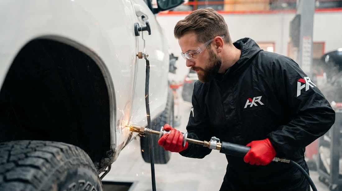 Technicien AXR redressant une aile au chalumeau