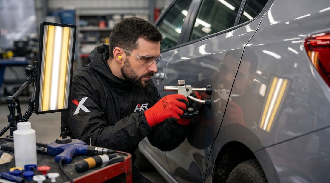Technicien AXR lustrant un panneau noir